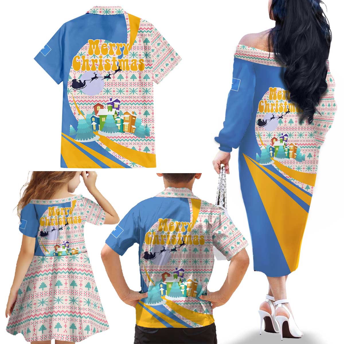 Somalia Christmas Family Matching Off The Shoulder Long Sleeve Dress and Hawaiian Shirt with Santa Cheetah Christmas Tree Village Scene and Festive Snowflake - Wonder Print Shop
