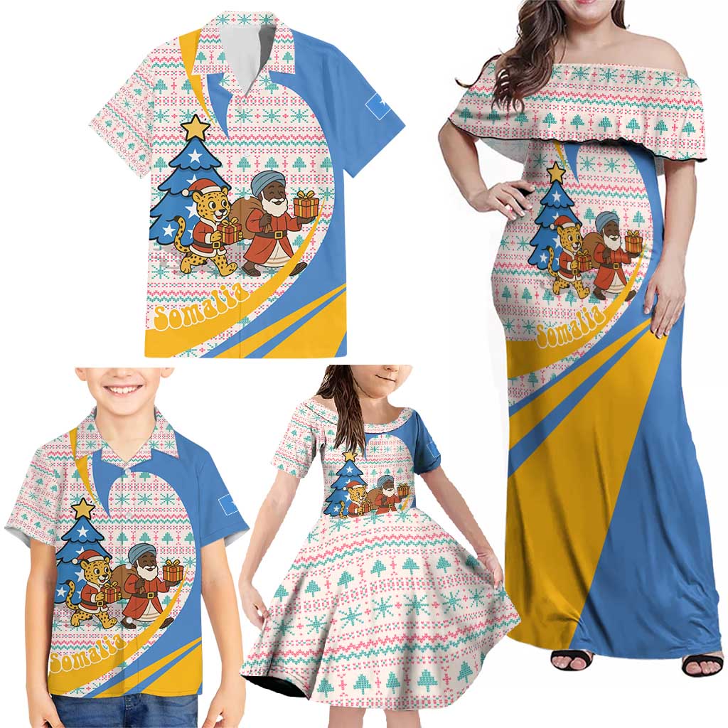 Somalia Christmas Family Matching Off Shoulder Maxi Dress and Hawaiian Shirt with Santa Cheetah Christmas Tree Village Scene and Festive Snowflake - Wonder Print Shop