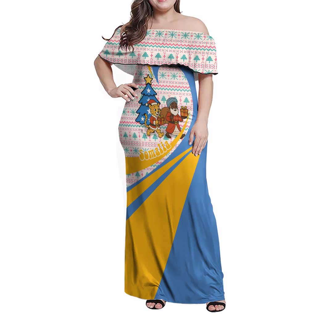 Somalia Christmas Family Matching Off Shoulder Maxi Dress and Hawaiian Shirt with Santa Cheetah Christmas Tree Village Scene and Festive Snowflake - Wonder Print Shop