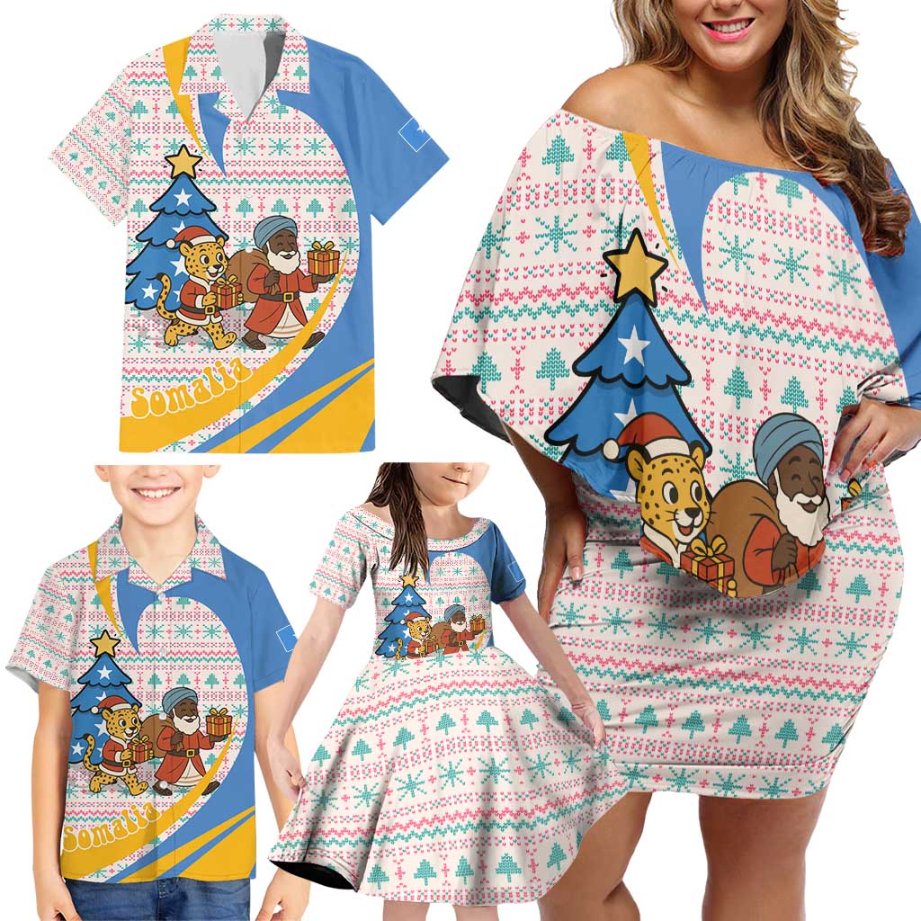 Somalia Christmas Family Matching Off Shoulder Short Dress and Hawaiian Shirt with Santa Cheetah Christmas Tree Village Scene and Festive Snowflake - Wonder Print Shop