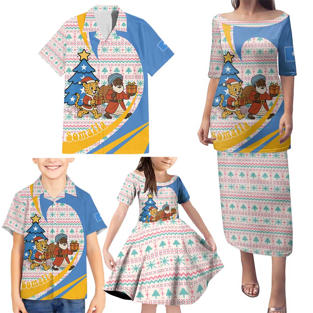 Somalia Christmas Family Matching Puletasi and Hawaiian Shirt with Santa Cheetah Christmas Tree Village Scene and Festive Snowflake - Wonder Print Shop