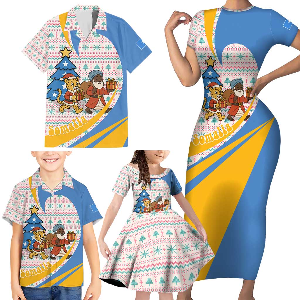 Somalia Christmas Family Matching Short Sleeve Bodycon Dress and Hawaiian Shirt with Santa Cheetah Christmas Tree Village Scene and Festive Snowflake - Wonder Print Shop