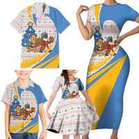 Somalia Christmas Family Matching Short Sleeve Bodycon Dress and Hawaiian Shirt with Santa Cheetah Christmas Tree Village Scene and Festive Snowflake - Wonder Print Shop