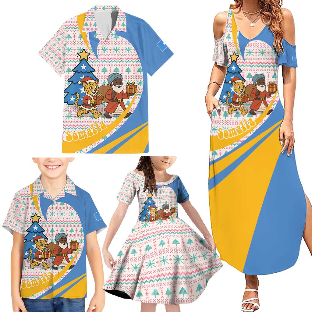 Somalia Christmas Family Matching Summer Maxi Dress and Hawaiian Shirt with Santa Cheetah Christmas Tree Village Scene and Festive Snowflake - Wonder Print Shop