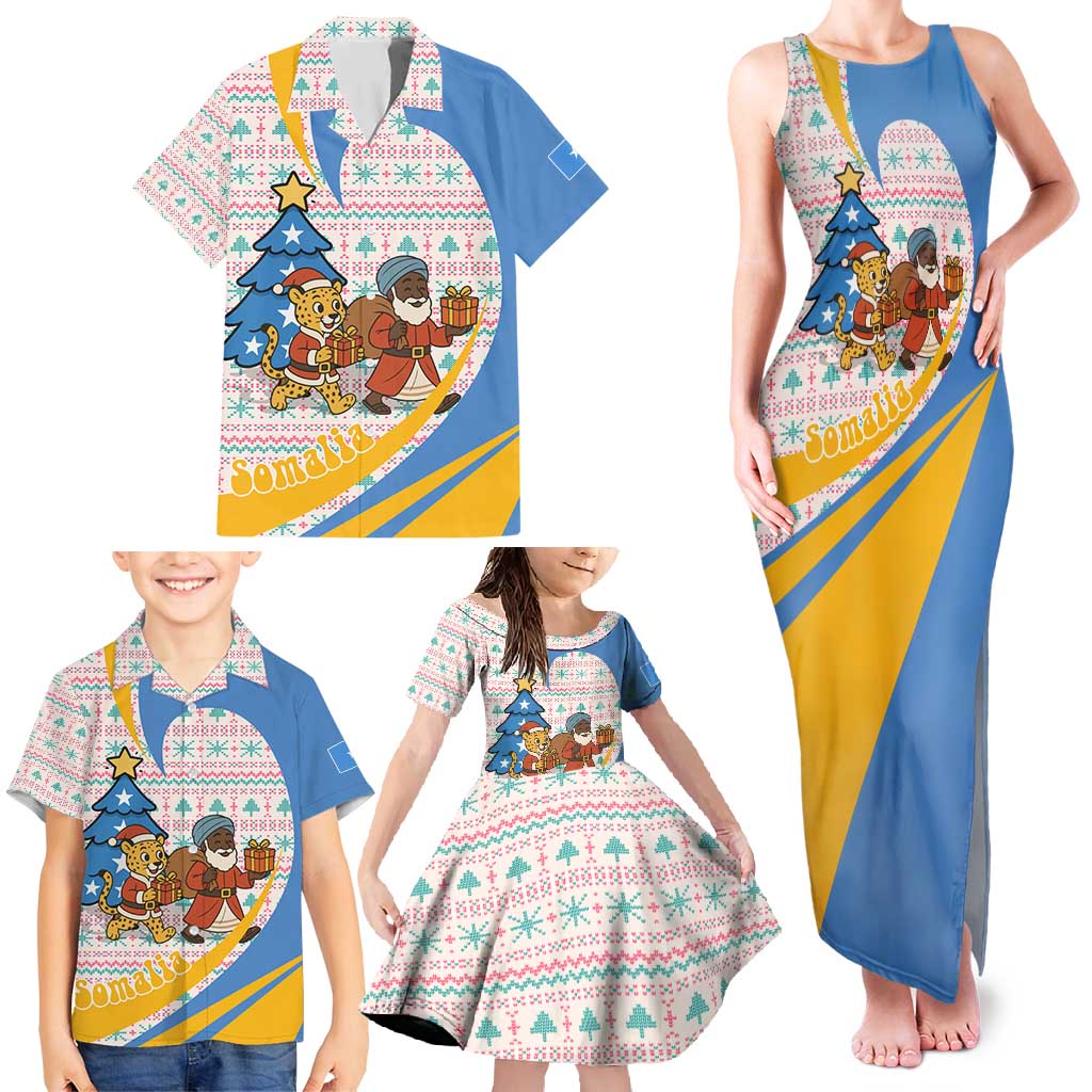Somalia Christmas Family Matching Tank Maxi Dress and Hawaiian Shirt with Santa Cheetah Christmas Tree Village Scene and Festive Snowflake - Wonder Print Shop