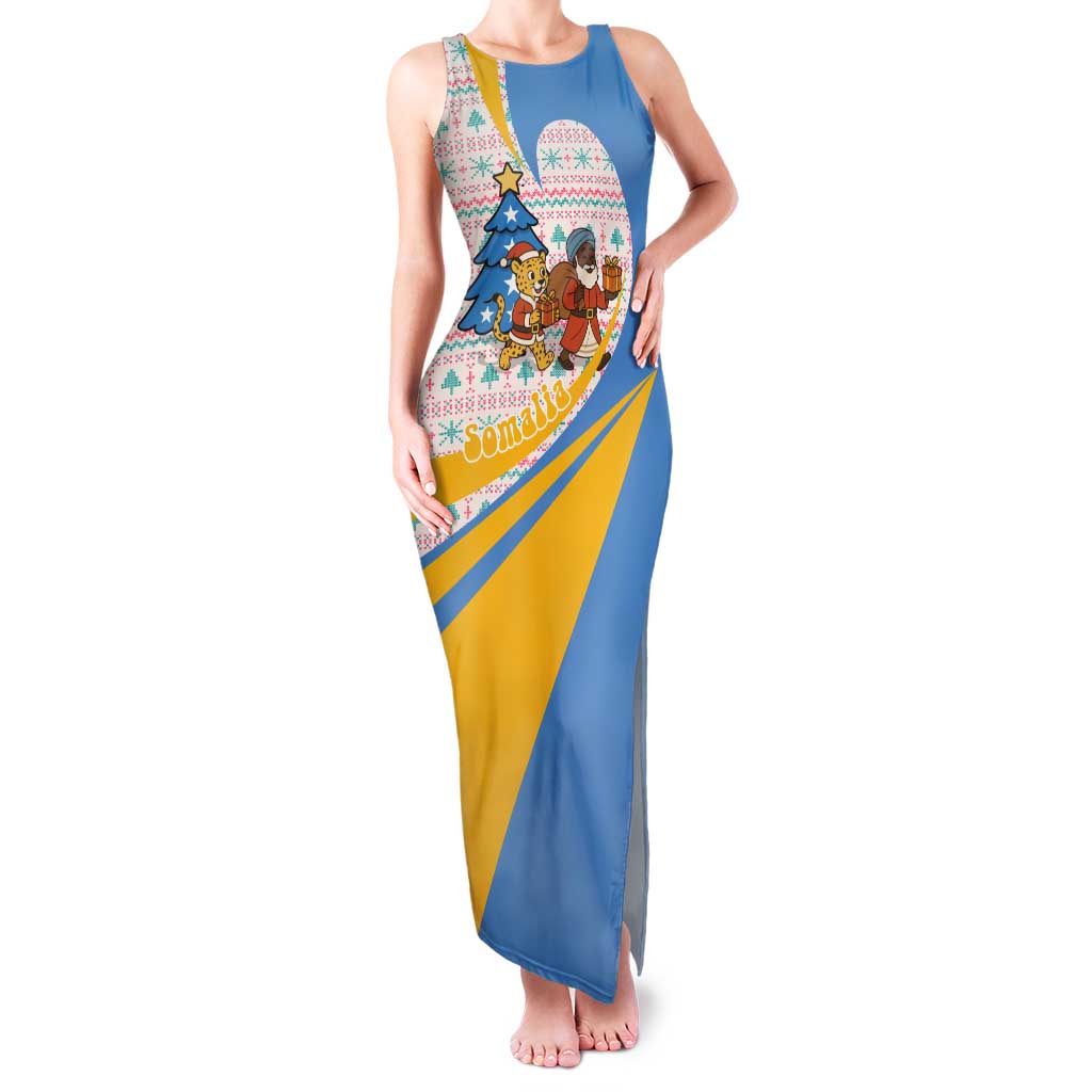 Somalia Christmas Family Matching Tank Maxi Dress and Hawaiian Shirt with Santa Cheetah Christmas Tree Village Scene and Festive Snowflake - Wonder Print Shop