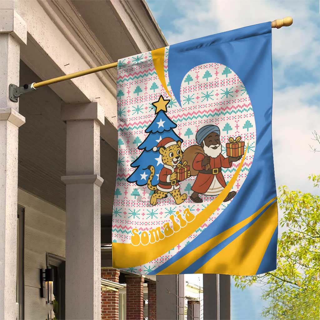 Somalia Christmas Garden Flag with Santa Cheetah Christmas Tree Village Scene and Festive Snowflake - Wonder Print Shop