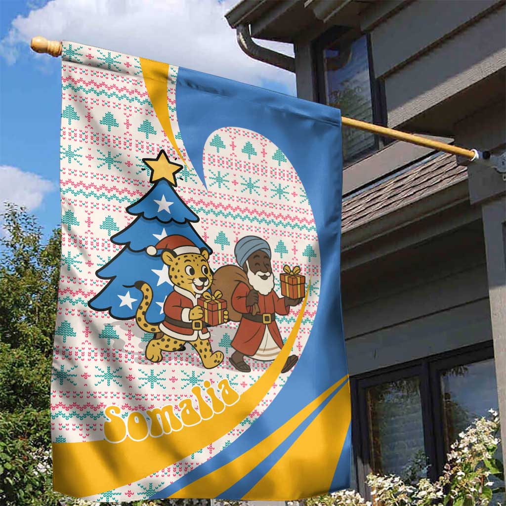 Somalia Christmas Garden Flag with Santa Cheetah Christmas Tree Village Scene and Festive Snowflake - Wonder Print Shop