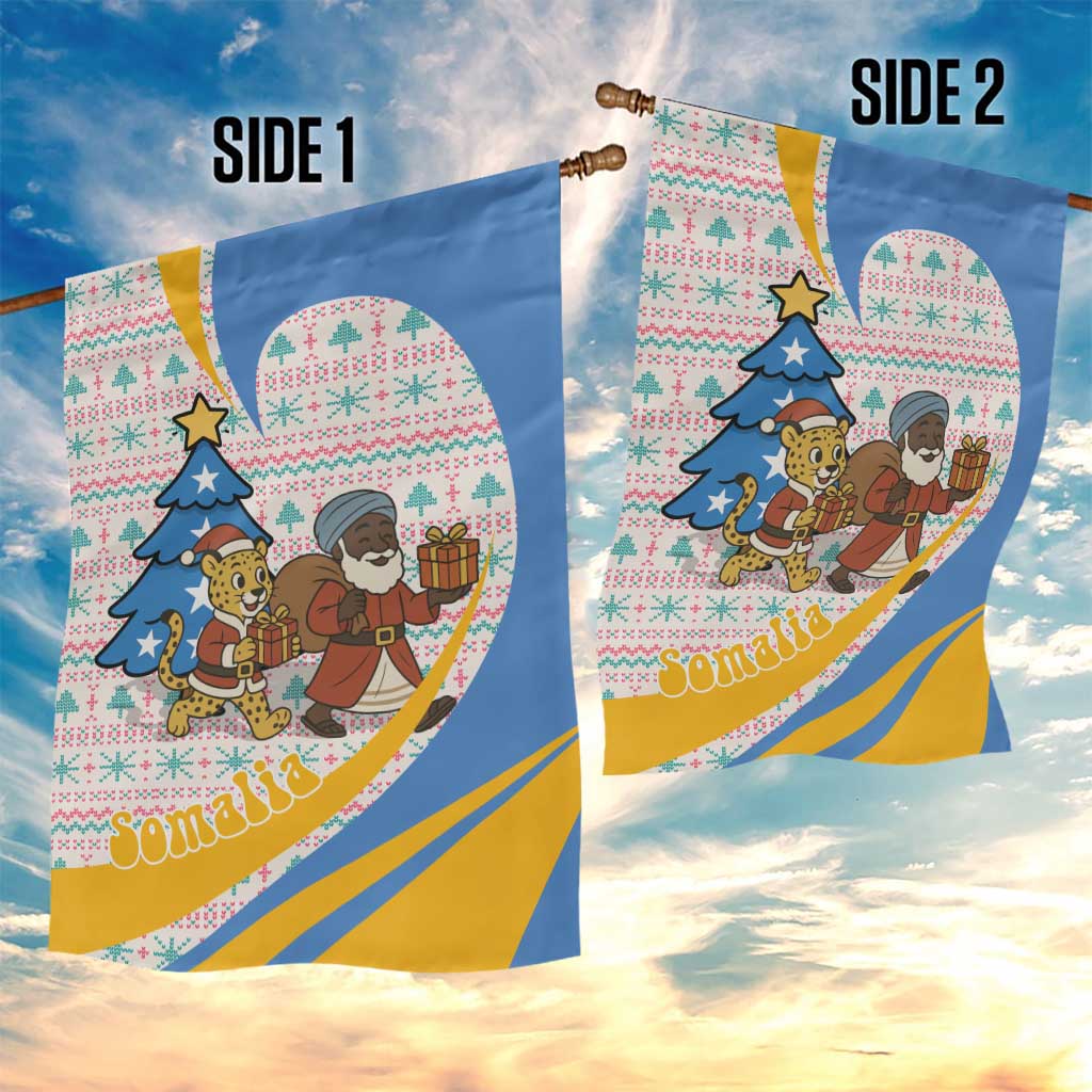 Somalia Christmas Garden Flag with Santa Cheetah Christmas Tree Village Scene and Festive Snowflake - Wonder Print Shop