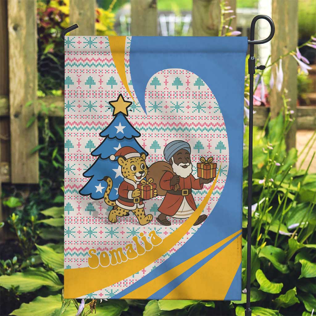 Somalia Christmas Garden Flag with Santa Cheetah Christmas Tree Village Scene and Festive Snowflake - Wonder Print Shop