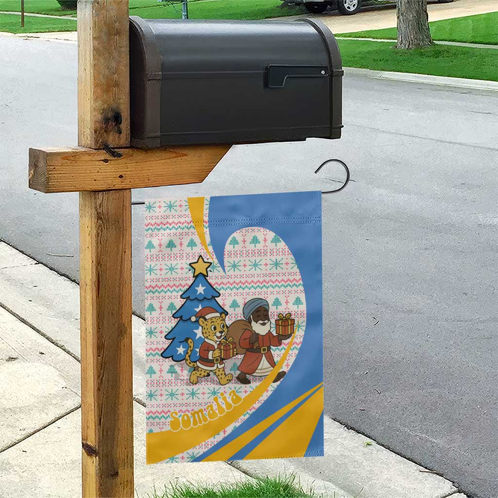 Somalia Christmas Garden Flag with Santa Cheetah Christmas Tree Village Scene and Festive Snowflake - Wonder Print Shop