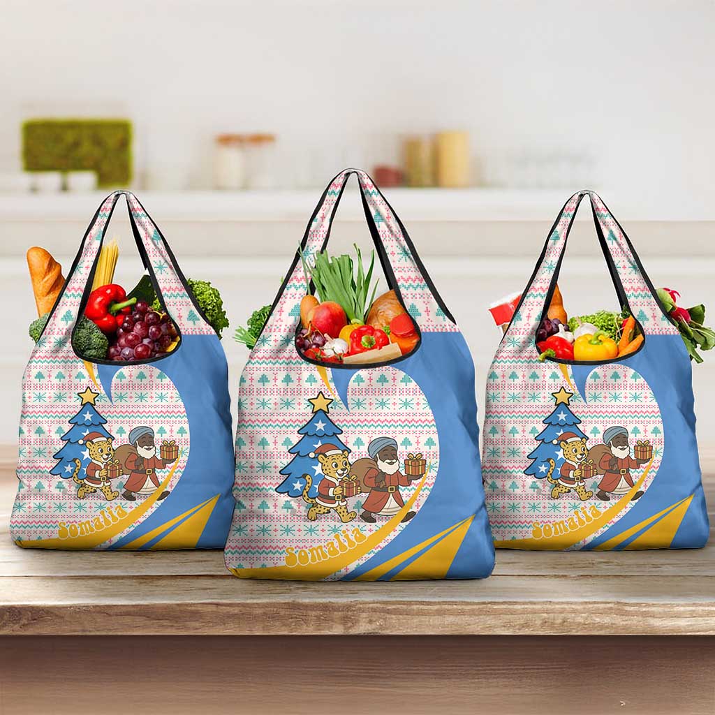 Somalia Christmas Grocery Bag with Santa Cheetah Christmas Tree Village Scene and Festive Snowflake - Wonder Print Shop