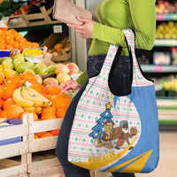 Somalia Christmas Grocery Bag with Santa Cheetah Christmas Tree Village Scene and Festive Snowflake - Wonder Print Shop