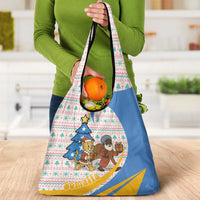 Somalia Christmas Grocery Bag with Santa Cheetah Christmas Tree Village Scene and Festive Snowflake - Wonder Print Shop