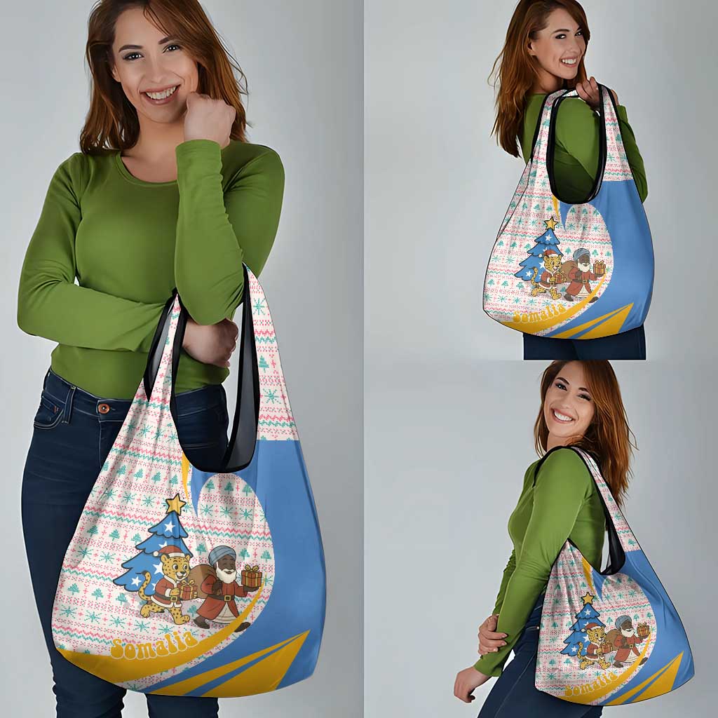 Somalia Christmas Grocery Bag with Santa Cheetah Christmas Tree Village Scene and Festive Snowflake - Wonder Print Shop