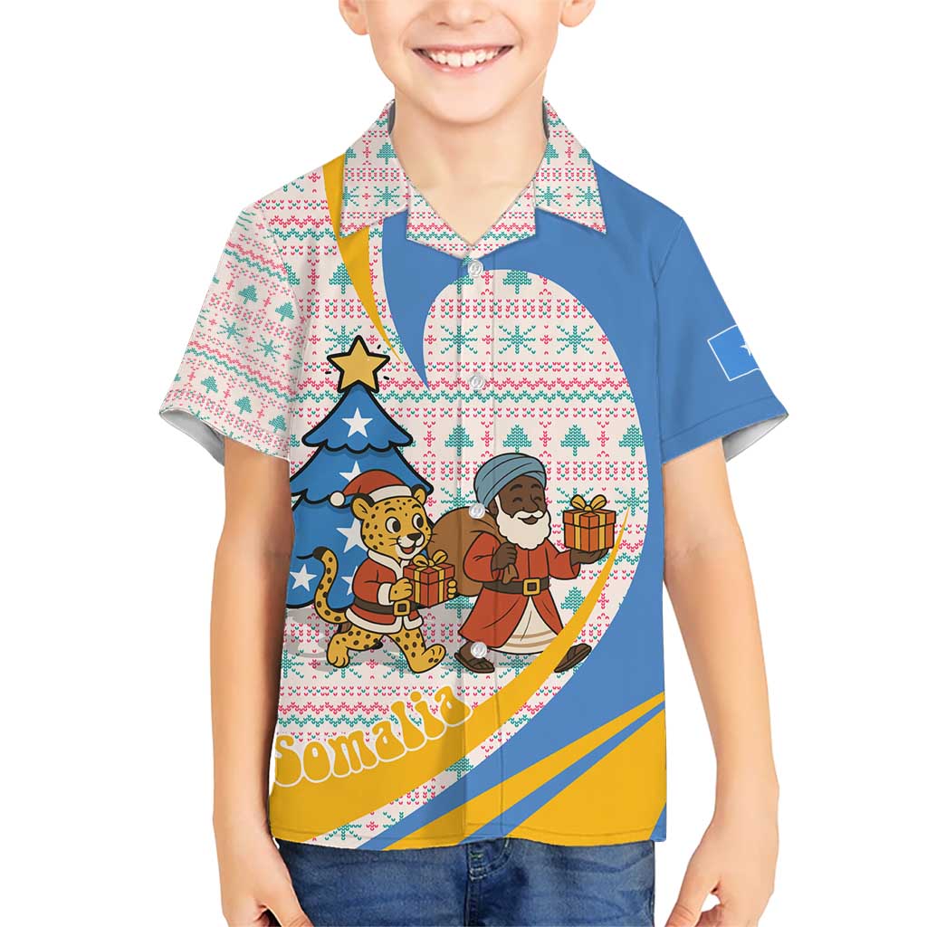 Somalia Christmas Hawaiian Shirt with Santa Cheetah Christmas Tree Village Scene and Festive Snowflake - Wonder Print Shop