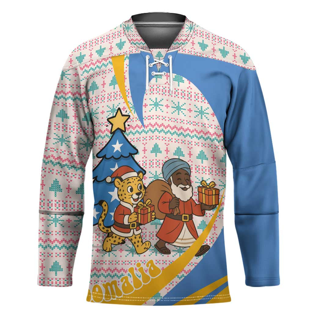 Somalia Christmas Hockey Jersey with Santa Cheetah Christmas Tree Village Scene and Festive Snowflake - Wonder Print Shop