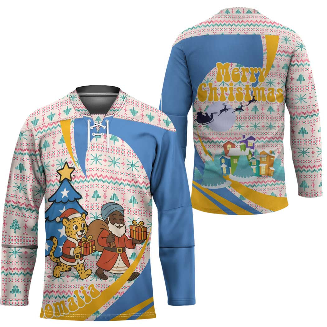 Somalia Christmas Hockey Jersey with Santa Cheetah Christmas Tree Village Scene and Festive Snowflake - Wonder Print Shop