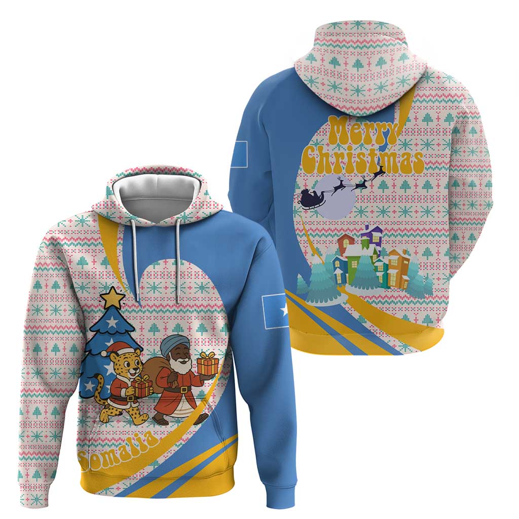 Somalia Christmas Hoodie with Santa Cheetah Christmas Tree Village Scene and Festive Snowflake - Wonder Print Shop
