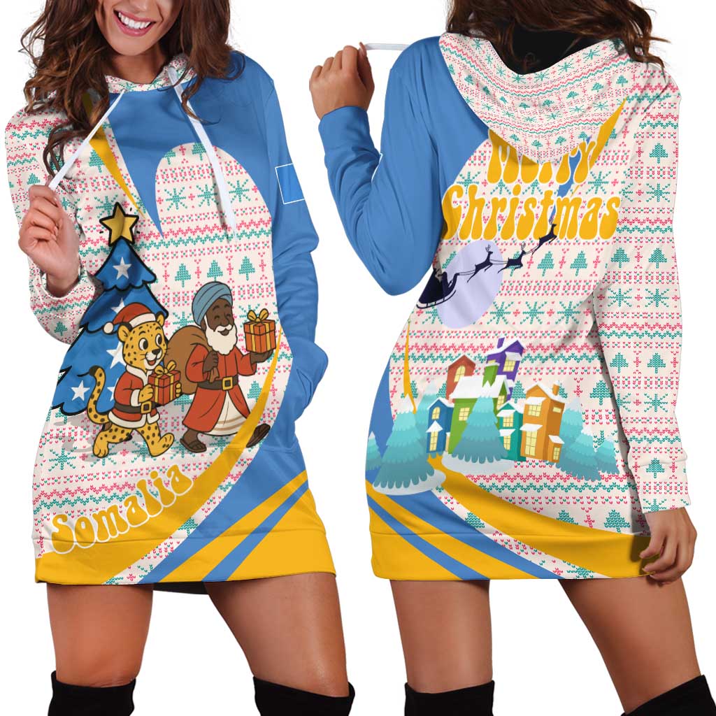 Somalia Christmas Hoodie Dress with Santa Cheetah Christmas Tree Village Scene and Festive Snowflake - Wonder Print Shop