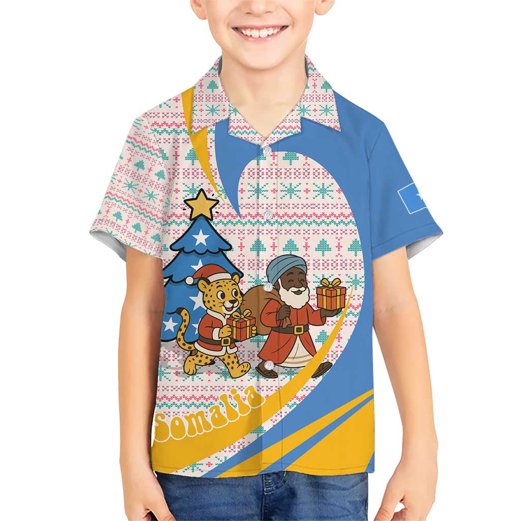 Somalia Christmas Kid Hawaiian Shirt with Santa Cheetah Christmas Tree Village Scene and Festive Snowflake - Wonder Print Shop