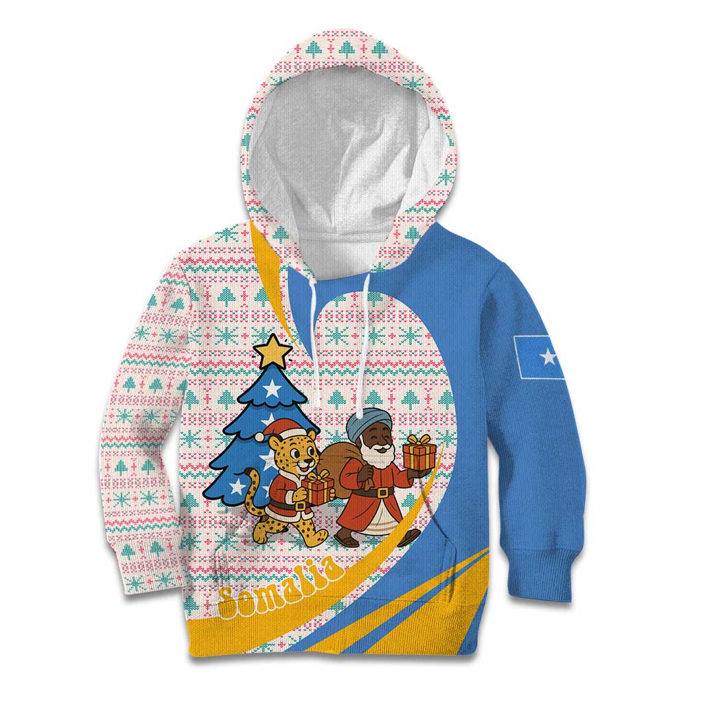 Somalia Christmas Kid Hoodie with Santa Cheetah Christmas Tree Village Scene and Festive Snowflake - Wonder Print Shop