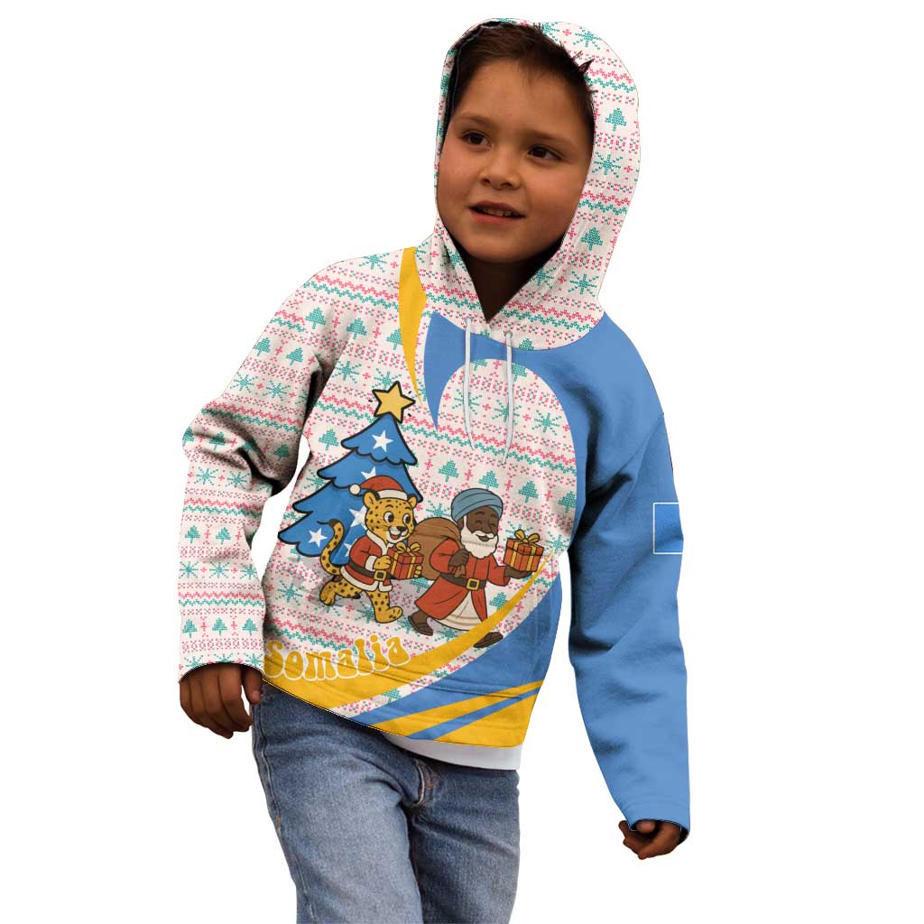 Somalia Christmas Kid Hoodie with Santa Cheetah Christmas Tree Village Scene and Festive Snowflake - Wonder Print Shop