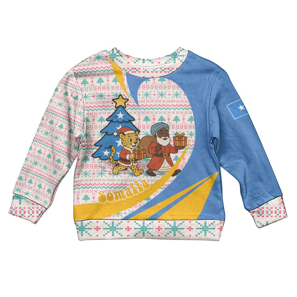 Somalia Christmas Kid Ugly Christmas Sweater with Santa Cheetah Christmas Tree Village Scene and Festive Snowflake - Wonder Print Shop