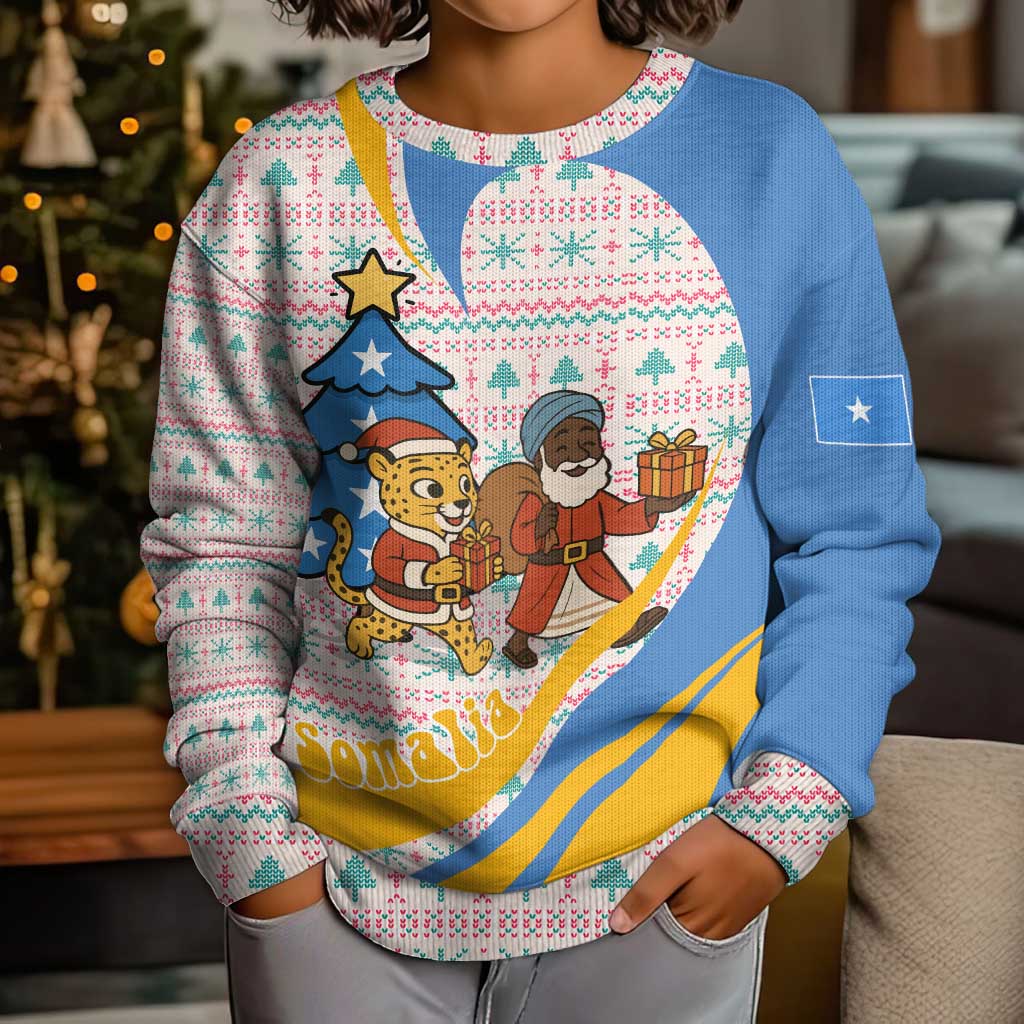 Somalia Christmas Kid Ugly Christmas Sweater with Santa Cheetah Christmas Tree Village Scene and Festive Snowflake - Wonder Print Shop