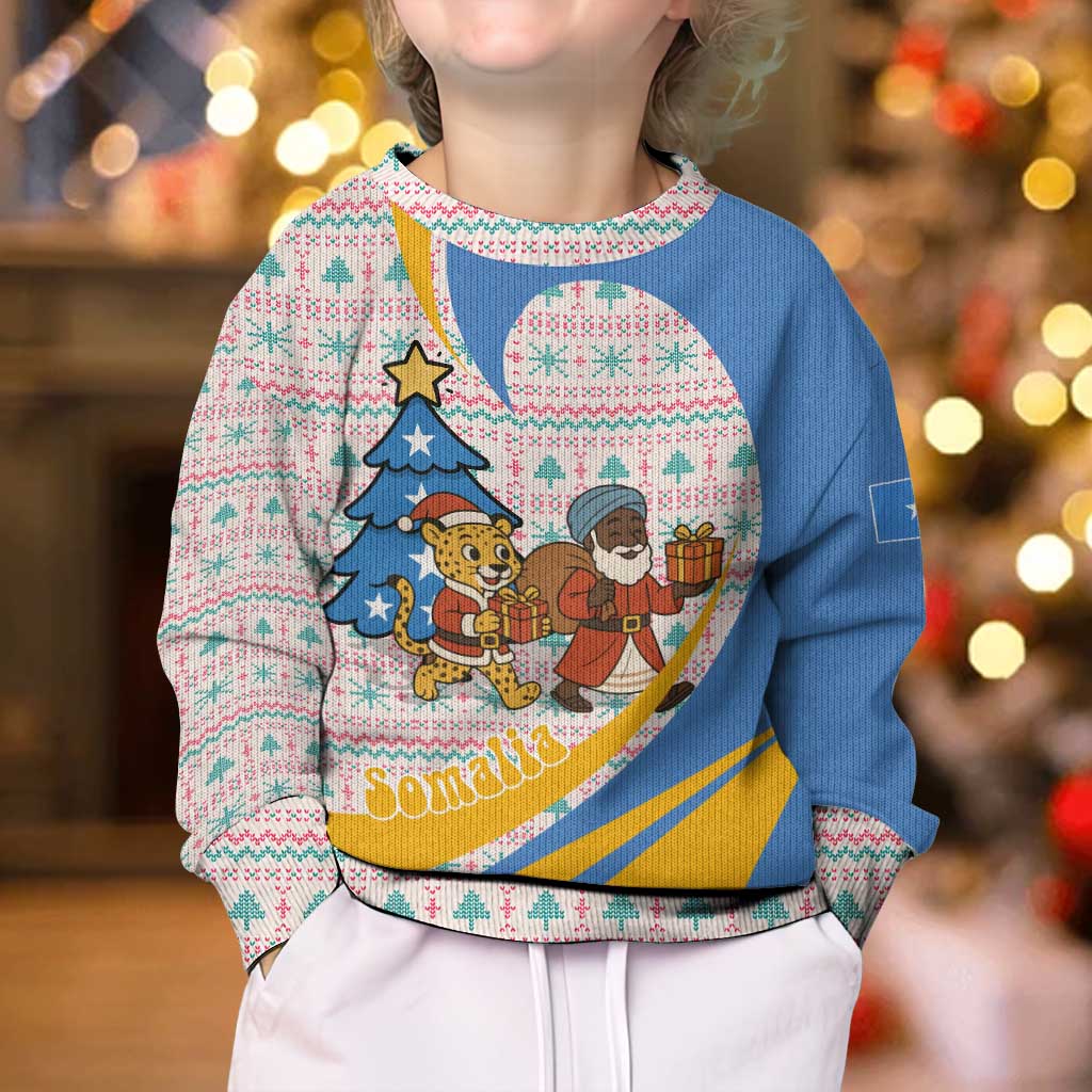 Somalia Christmas Kid Ugly Christmas Sweater with Santa Cheetah Christmas Tree Village Scene and Festive Snowflake - Wonder Print Shop