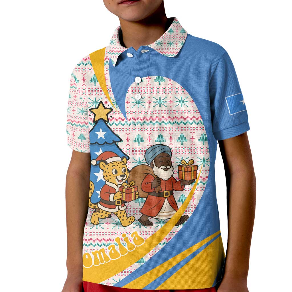 Somalia Christmas Kid Polo Shirt with Santa Cheetah Christmas Tree Village Scene and Festive Snowflake - Wonder Print Shop