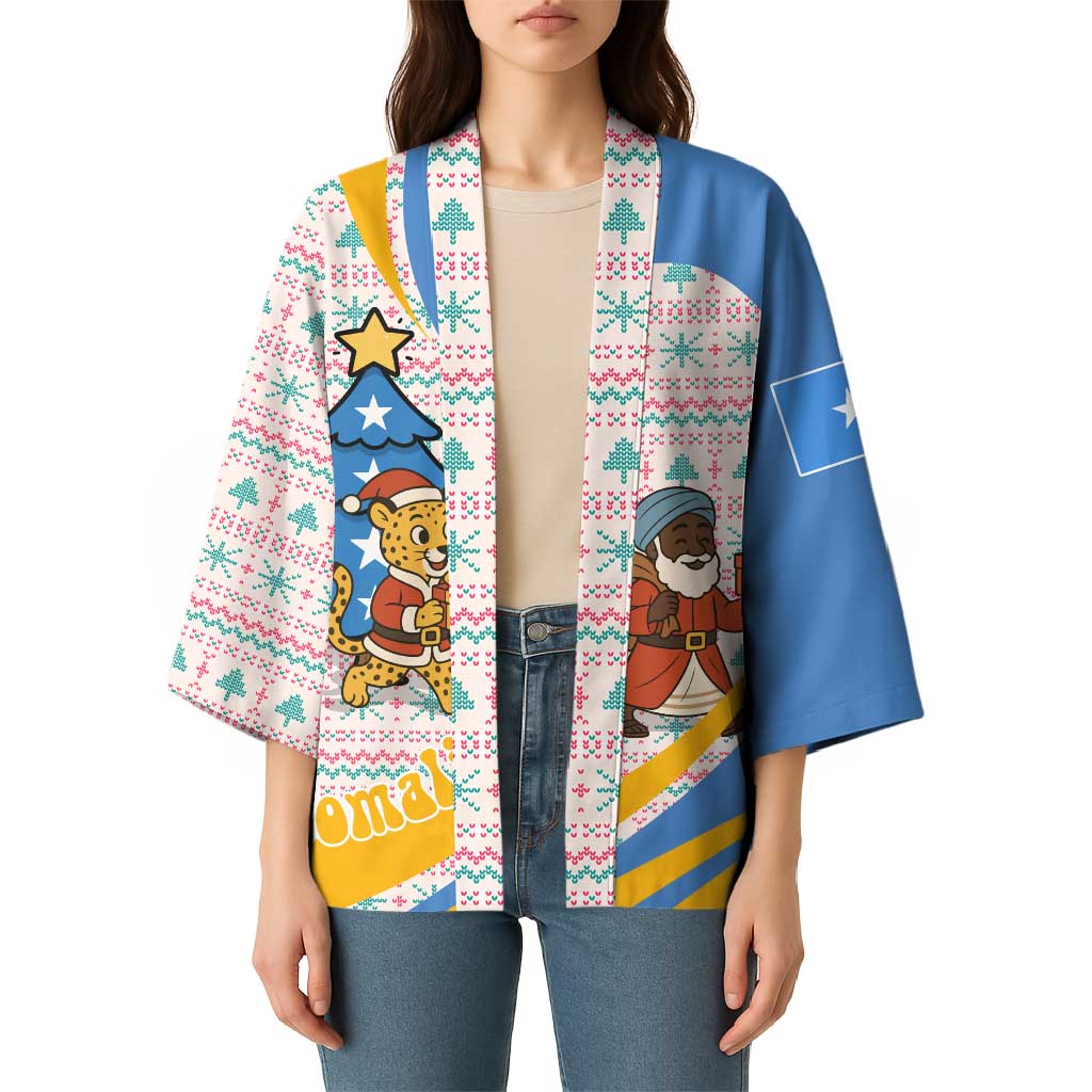 Somalia Christmas Kimono with Santa Cheetah Christmas Tree Village Scene and Festive Snowflake - Wonder Print Shop