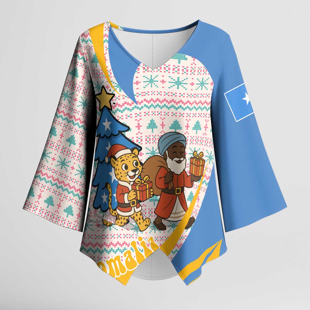 Somalia Christmas Kimono Sleeve Blouse with Santa Cheetah Christmas Tree Village Scene and Festive Snowflake - Wonder Print Shop