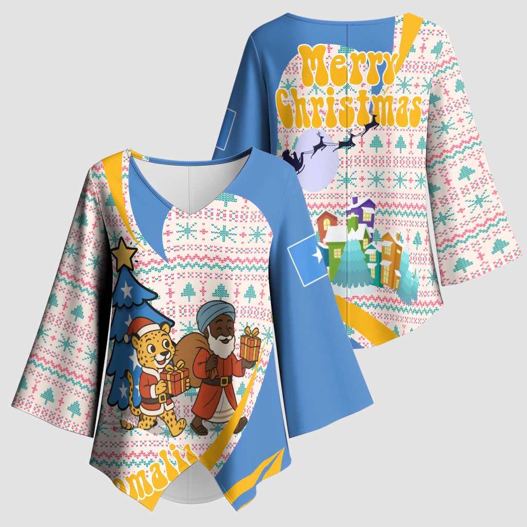 Somalia Christmas Kimono Sleeve Blouse with Santa Cheetah Christmas Tree Village Scene and Festive Snowflake - Wonder Print Shop