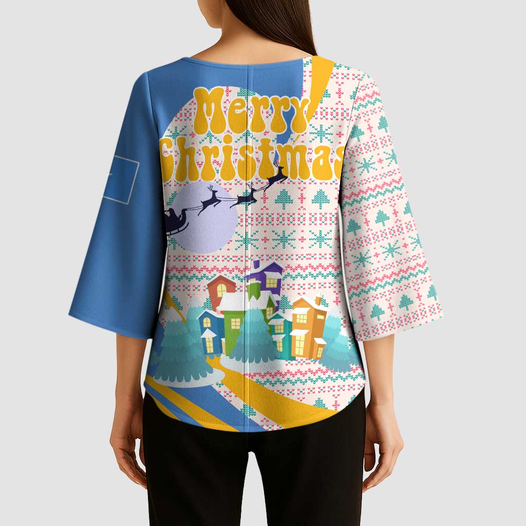Somalia Christmas Kimono Sleeve Blouse with Santa Cheetah Christmas Tree Village Scene and Festive Snowflake - Wonder Print Shop