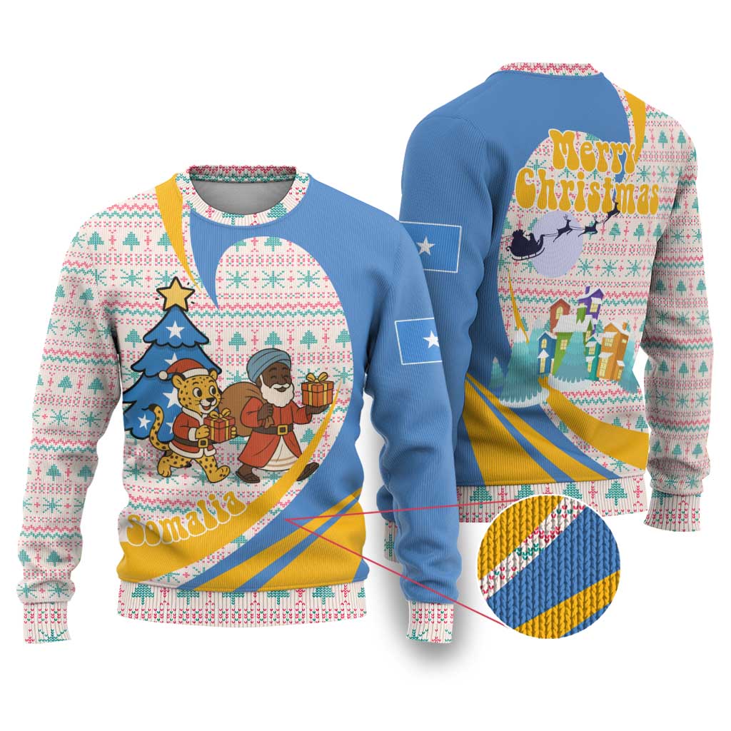 Somalia Christmas Ugly Christmas Sweater with Santa Cheetah Christmas Tree Village Scene and Festive Snowflake - Wonder Print Shop