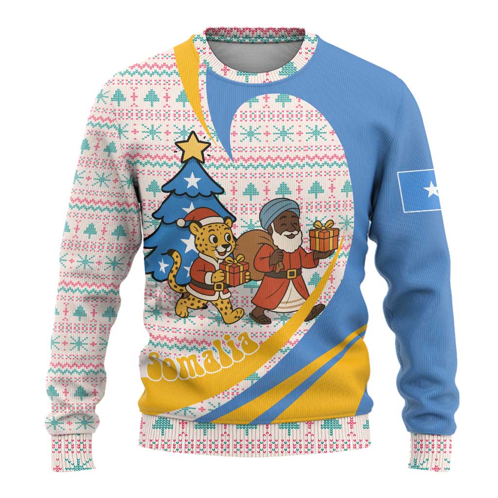 Somalia Christmas Ugly Christmas Sweater with Santa Cheetah Christmas Tree Village Scene and Festive Snowflake - Wonder Print Shop