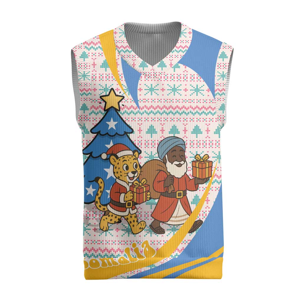 Somalia Christmas Knitted V-Neck Vest with Santa Cheetah Christmas Tree Village Scene and Festive Snowflake - Wonder Print Shop