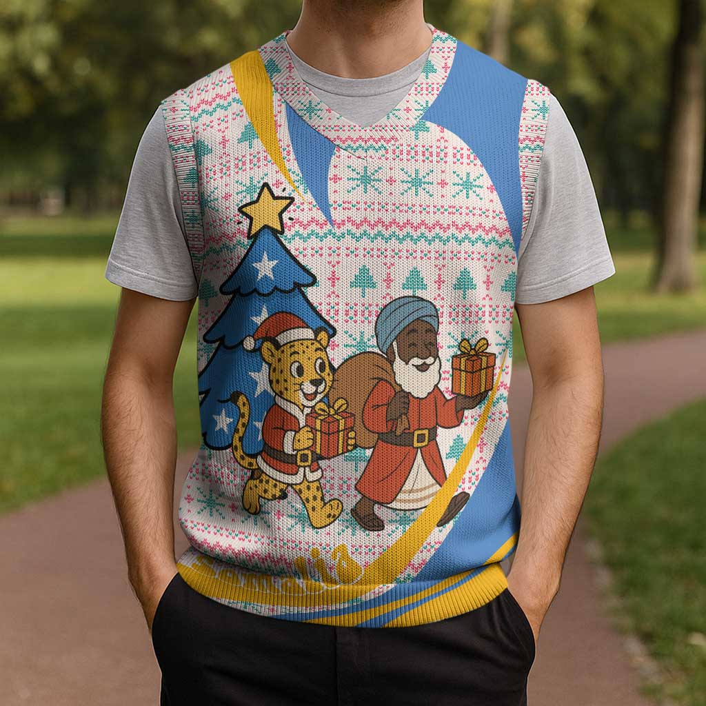 Somalia Christmas Knitted V-Neck Vest with Santa Cheetah Christmas Tree Village Scene and Festive Snowflake - Wonder Print Shop
