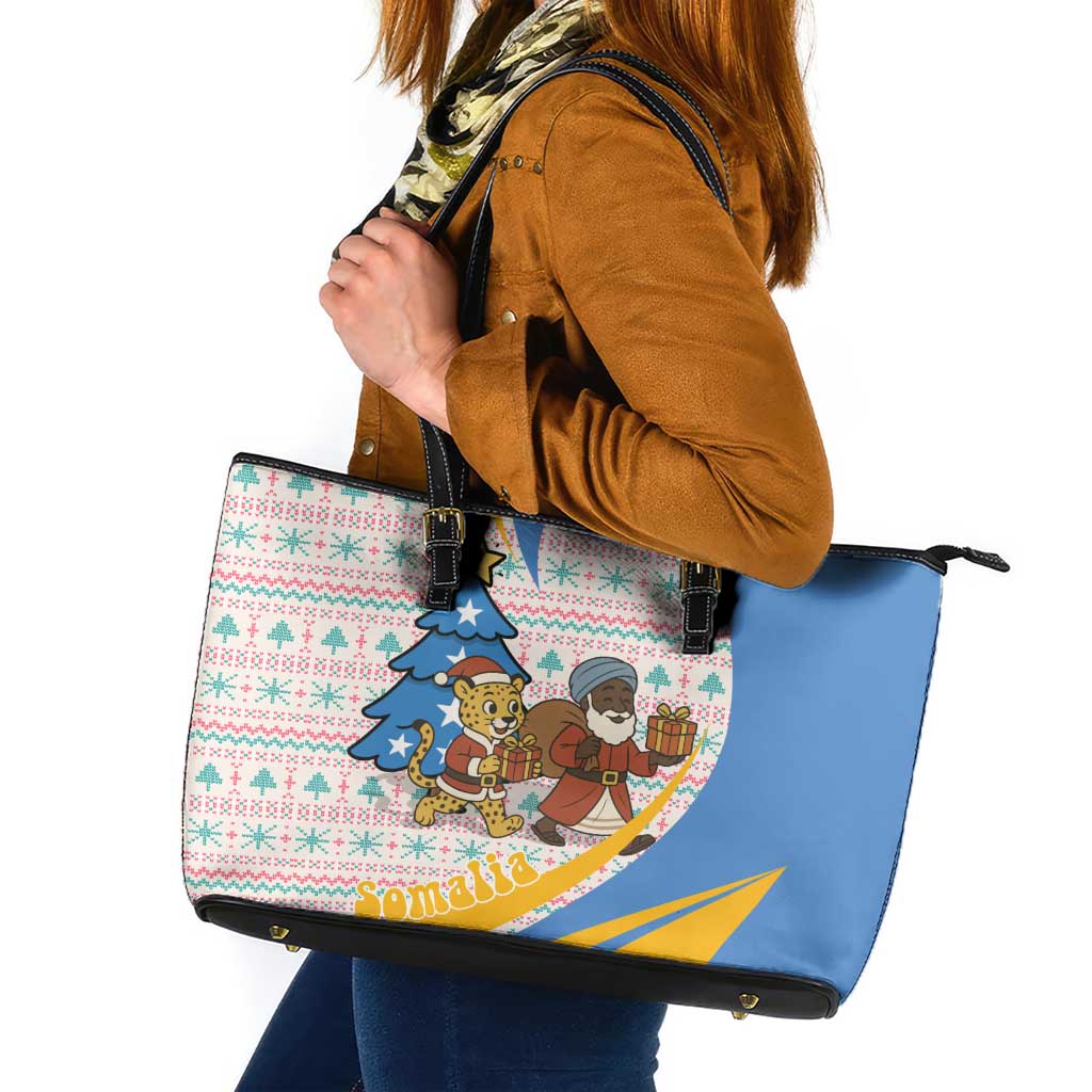 Somalia Christmas Leather Tote Bag with Santa Cheetah Christmas Tree Village Scene and Festive Snowflake - Wonder Print Shop