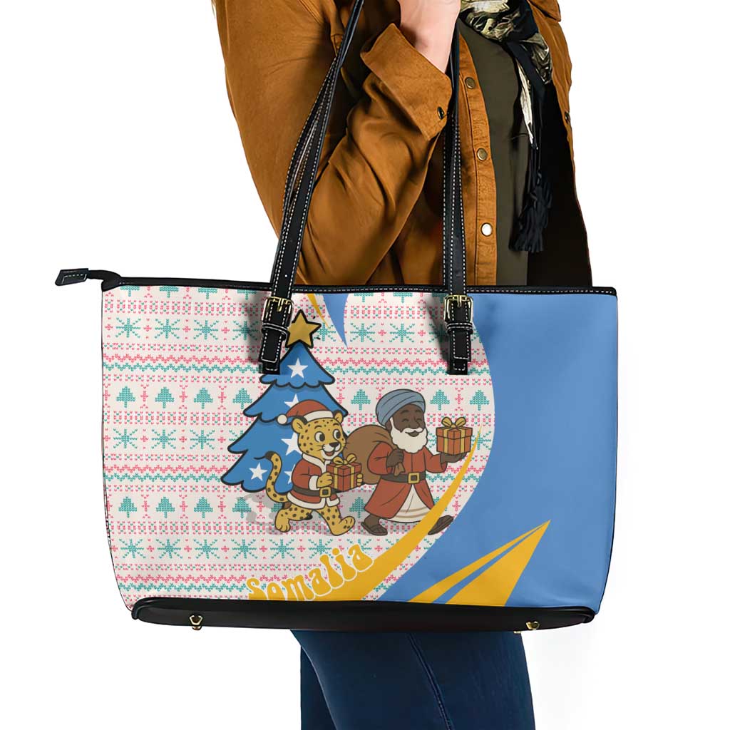 Somalia Christmas Leather Tote Bag with Santa Cheetah Christmas Tree Village Scene and Festive Snowflake - Wonder Print Shop