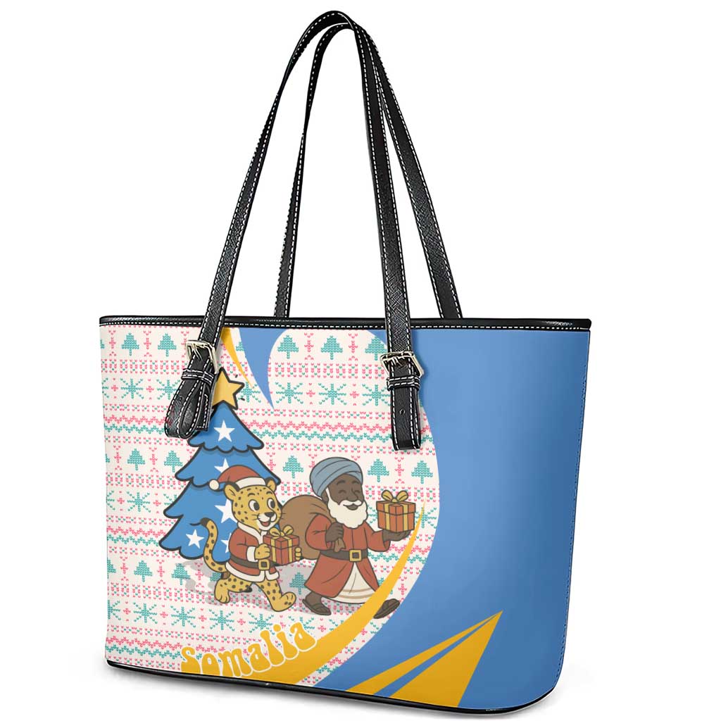 Somalia Christmas Leather Tote Bag with Santa Cheetah Christmas Tree Village Scene and Festive Snowflake - Wonder Print Shop
