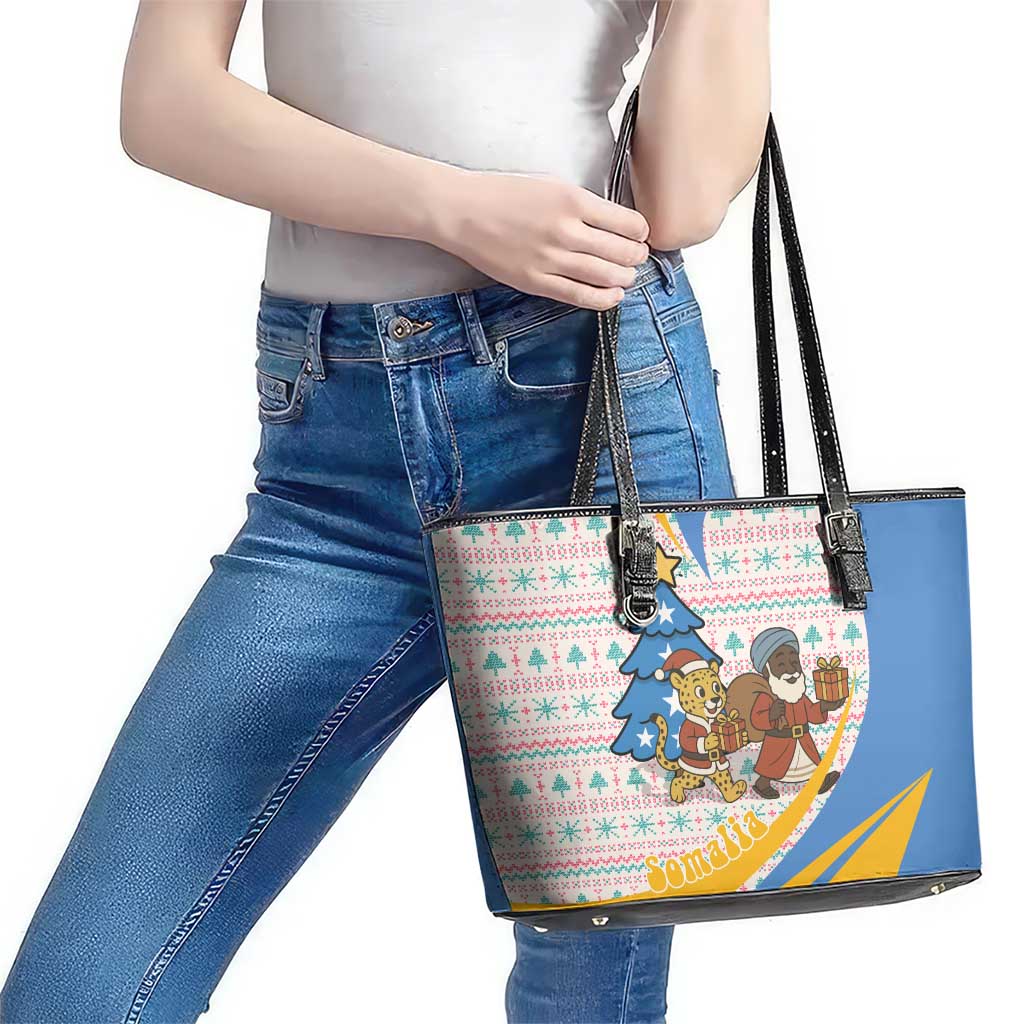 Somalia Christmas Leather Tote Bag with Santa Cheetah Christmas Tree Village Scene and Festive Snowflake - Wonder Print Shop