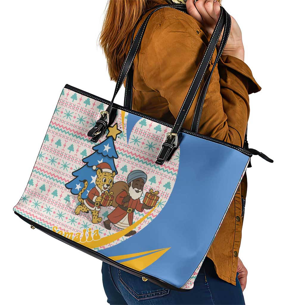 Somalia Christmas Leather Tote Bag with Santa Cheetah Christmas Tree Village Scene and Festive Snowflake - Wonder Print Shop