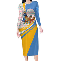 Somalia Christmas Long Sleeve Bodycon Dress with Santa Cheetah Christmas Tree Village Scene and Festive Snowflake - Wonder Print Shop