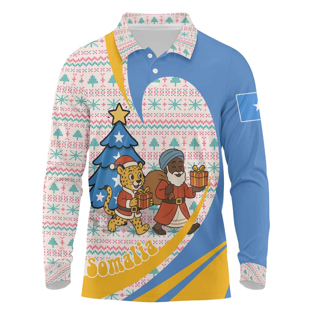 Somalia Christmas Long Sleeve Polo Shirt with Santa Cheetah Christmas Tree Village Scene and Festive Snowflake - Wonder Print Shop