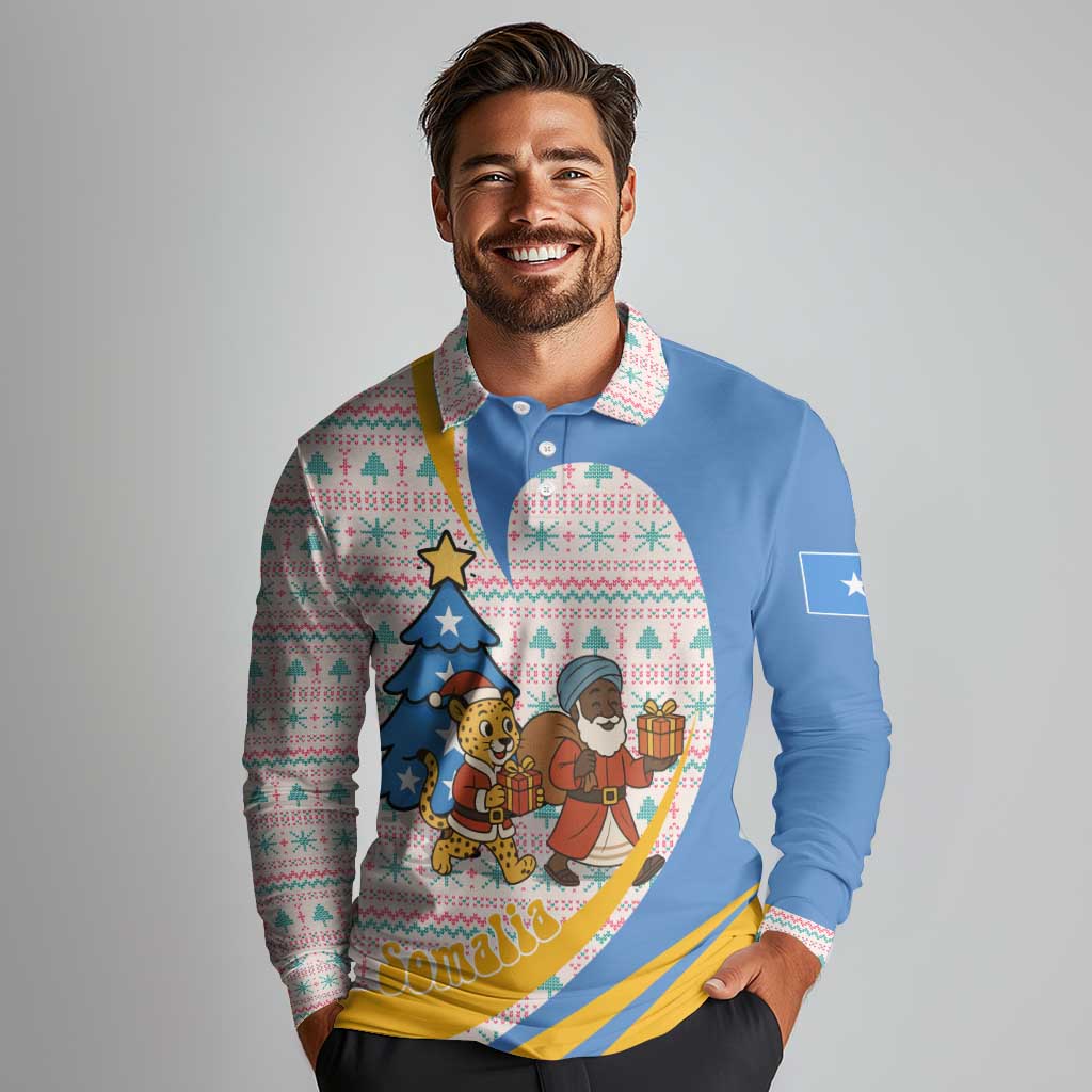Somalia Christmas Long Sleeve Polo Shirt with Santa Cheetah Christmas Tree Village Scene and Festive Snowflake - Wonder Print Shop