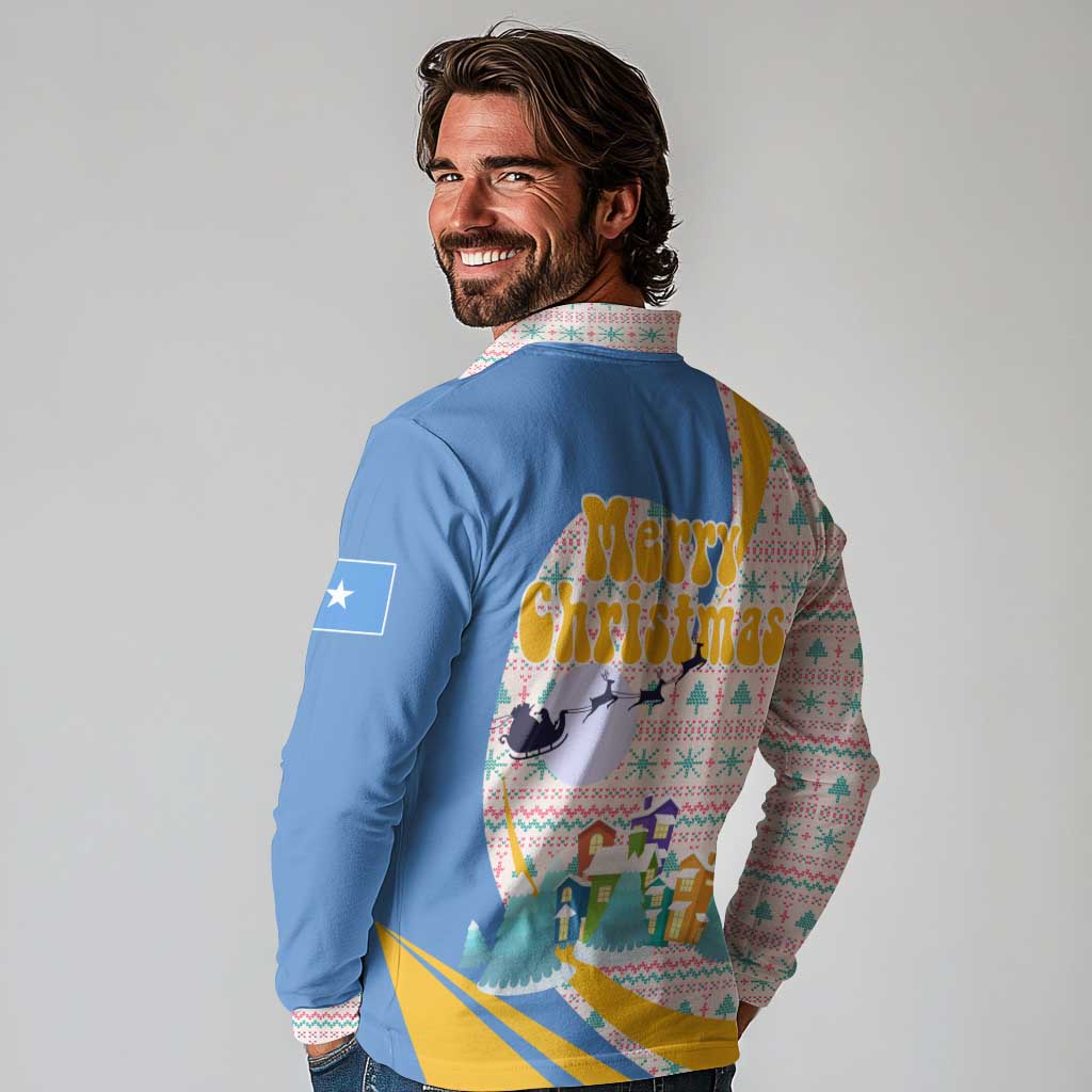 Somalia Christmas Long Sleeve Polo Shirt with Santa Cheetah Christmas Tree Village Scene and Festive Snowflake - Wonder Print Shop