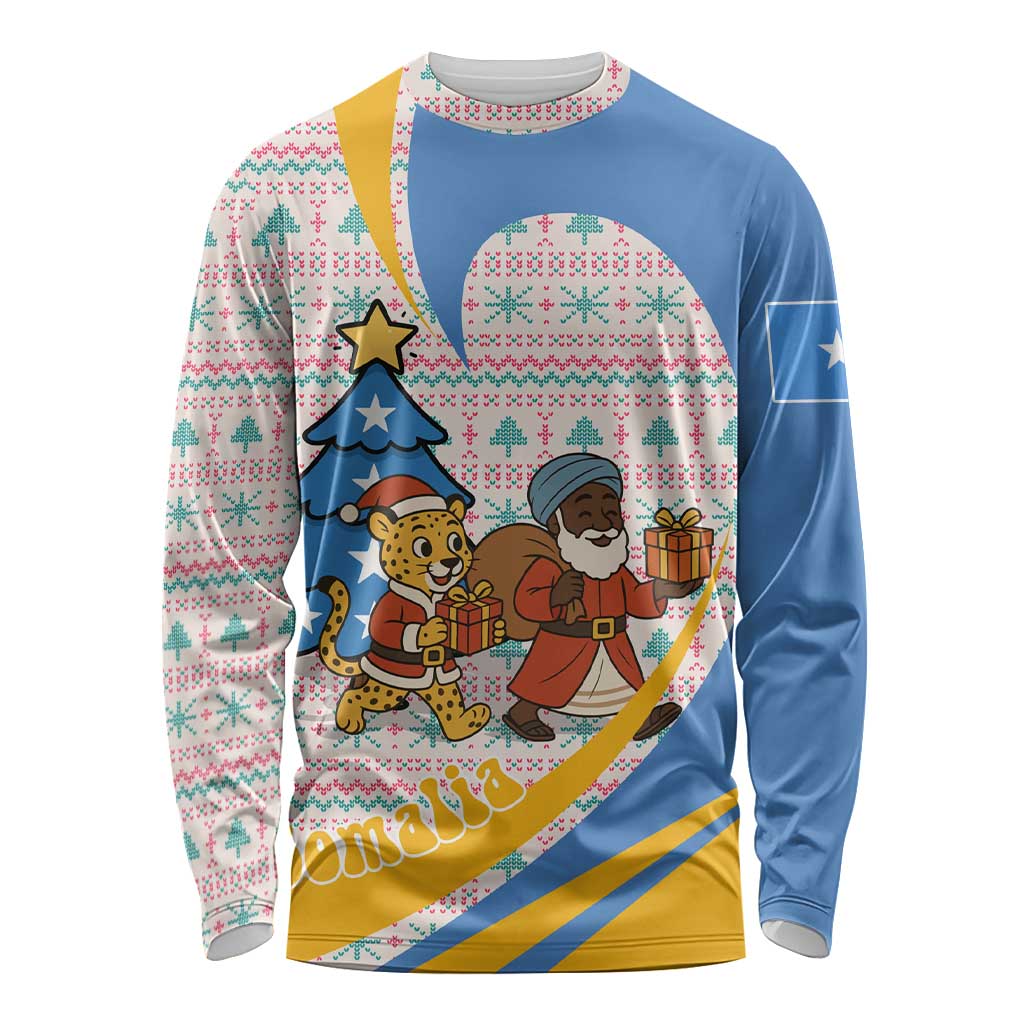 Somalia Christmas Long Sleeve Shirt with Santa Cheetah Christmas Tree Village Scene and Festive Snowflake - Wonder Print Shop