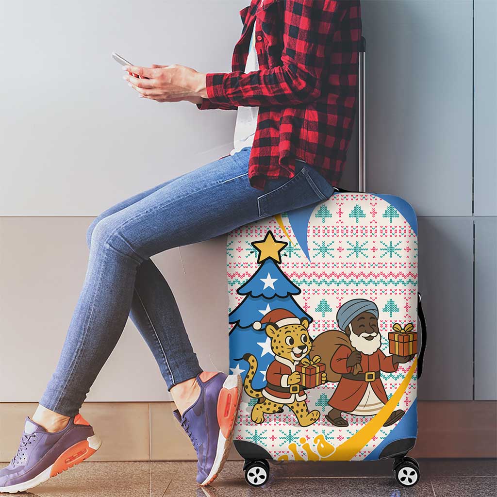 Somalia Christmas Luggage Cover with Santa Cheetah Christmas Tree Village Scene and Festive Snowflake - Wonder Print Shop
